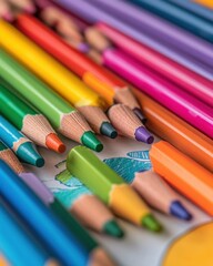 Fototapeta premium Vibrant Crayon Collage Rainbow Palette Crafting on Textured Paper - Inspiring Childhood Creativity and Back-to-School Art Supplies for Creative Learning Environments
