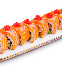 Delicious sushi platter with fresh salmon and roe on display