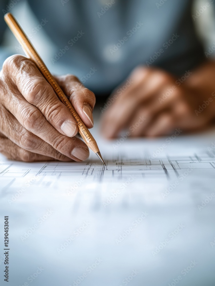 Aufkleber industrial design blueprint hands with pencil on technical draft paper - precision tools and materia