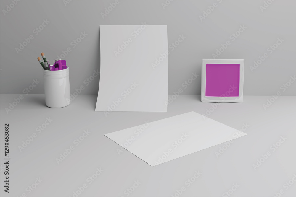 Aufkleber a4 white paper on table with photo frame background and stationery in its own place, for simple mock