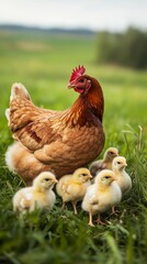 Fototapeta premium Mother Hen with Her Adorable Chicks in a Lush Green Field