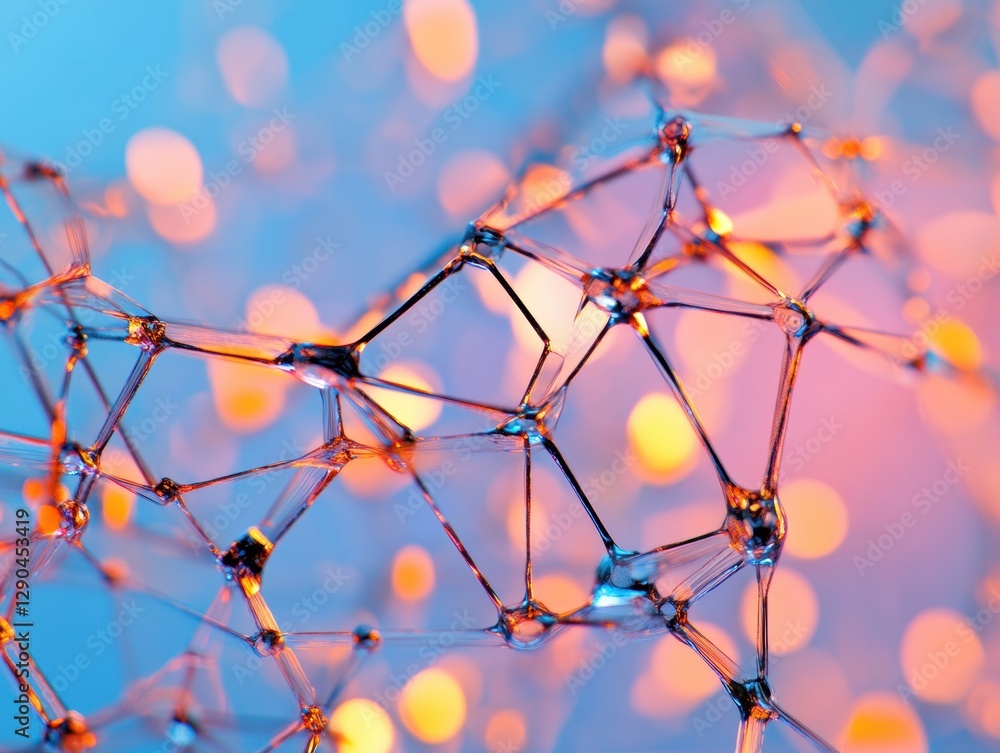Aufkleber Neon Digital Blockchain Transparent Crystal Chain Mesh with Cybersecurity Icons - Tech Innovation in FinTech and IoT for Secure Data Solutions