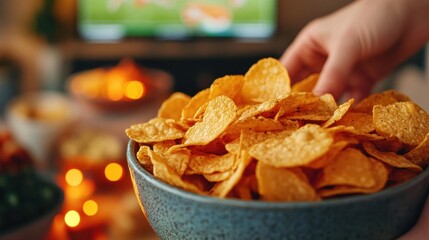 Contemporary Game Day Snacks Artisan Ceramic Bowl with Golden Crispy Chips and Savory Dips - Vibrant Sports Gathering and Engaging Social Media Content