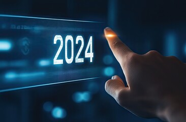 Hand touching 2024 on a digital interface, futuristic background