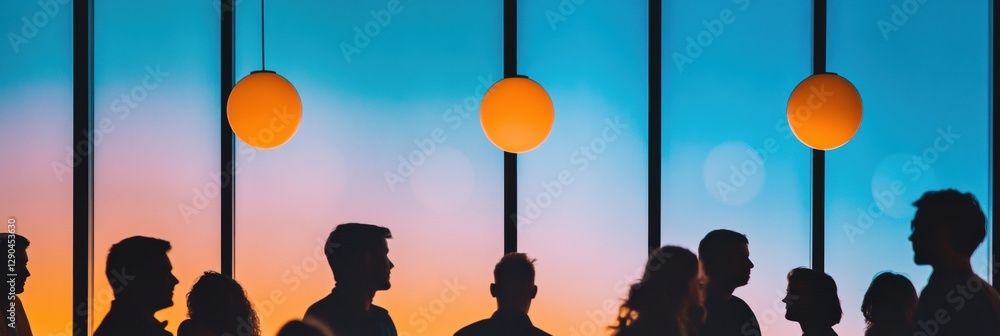 Aufkleber silhouette dynamics in modern venue presenter and audience engagement against gradient backdrop - in