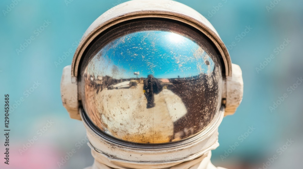 Poster futuristic space exploration visual reflective helmet astronaut in detailed spacesuit - scientific a