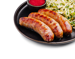 Sizzling grilled sausages served with fresh cabbage salad