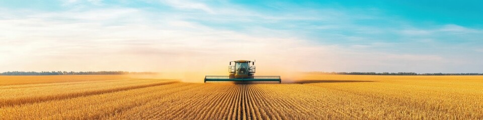 Obraz premium Rustic Harvest Imagery Cutting-Edge Combine Harvester Amidst Golden Wheat Fields and Dusty Skies - Elevating Agricultural Equipment Marketing with Efficient Grain Collection Techniques