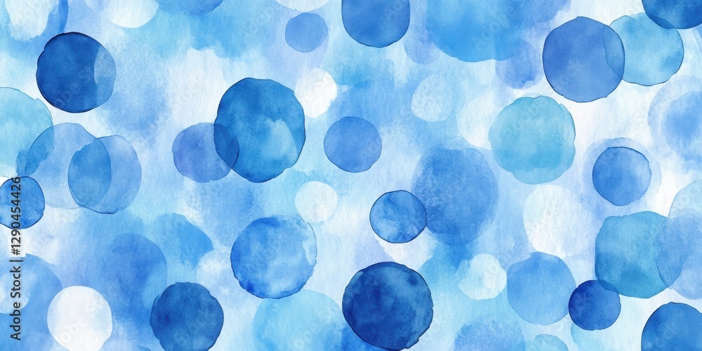 Poster watercolor background in multiple shades of blue with scattered polka dots in varying sizes creating