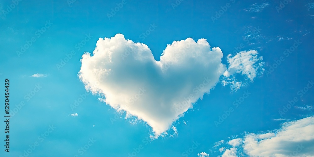 Poster whimsical heart shaped cloud floating in a serene clear blue sky with soft white clouds creating a r