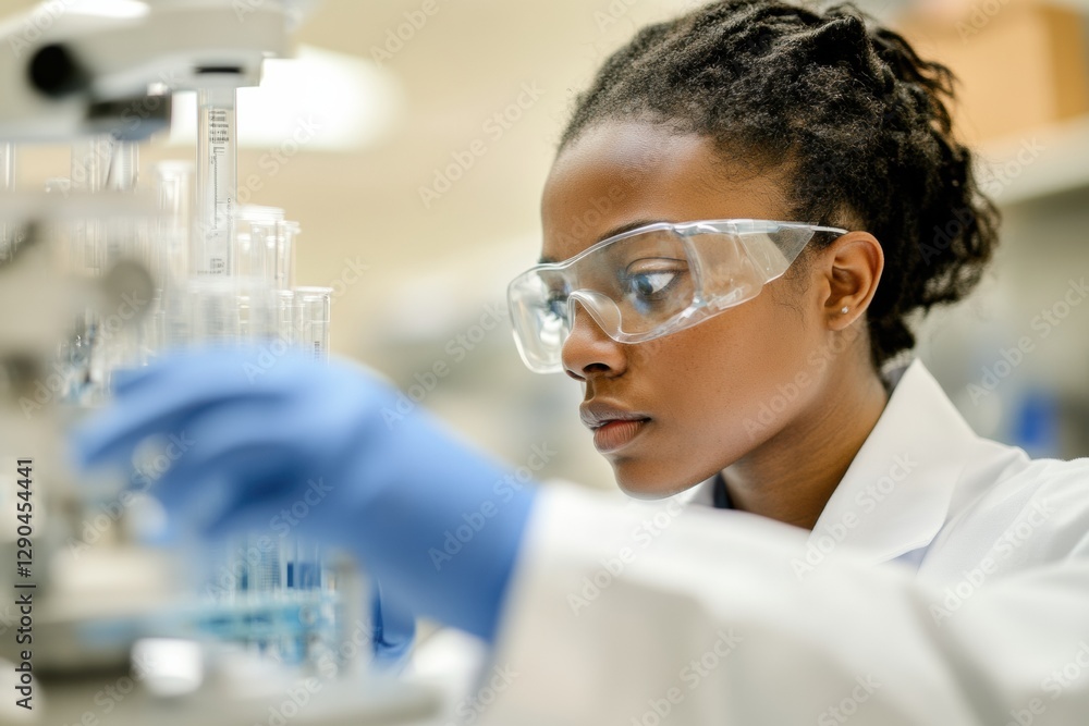 Poster high-precision clinical laboratory skilled technician with advanced microscope in sterile environmen