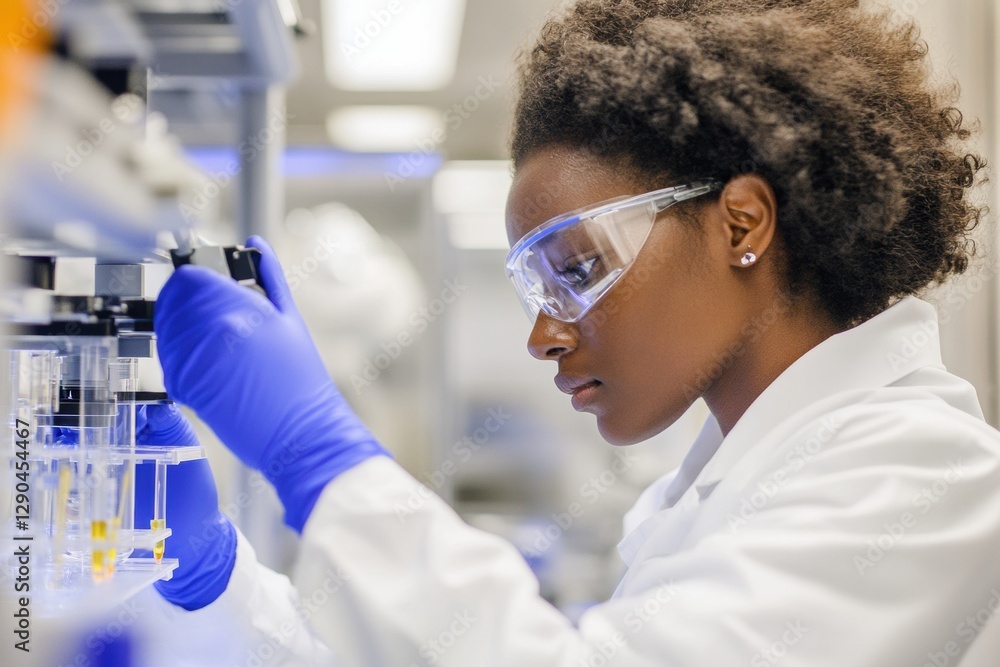 Poster high-precision lab analysis african female technician with microscope and modern instruments - strea