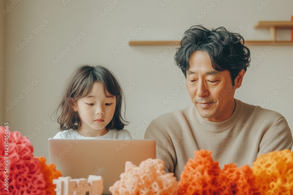 Poster joyfully tech-enhanced family bonding south korean parent and child with printed toy models, diy cre