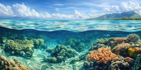 Fototapeta premium Vibrant underwater landscape featuring colorful coral reefs with blue water above and clouds in the sky. Lush greens and bright oranges dominate the scene.