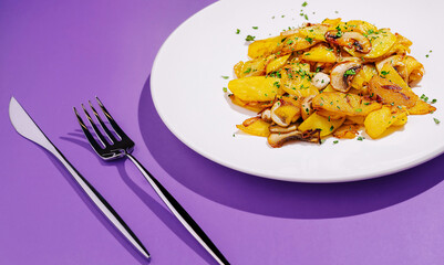 Delicious sauteed potatoes with mushrooms served on a white plate