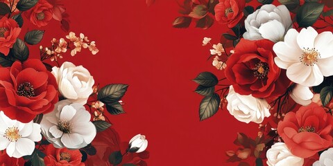 Vibrant red floral card design featuring lush red and white roses with greenery on two sides ideal for personalized greetings and congratulations.