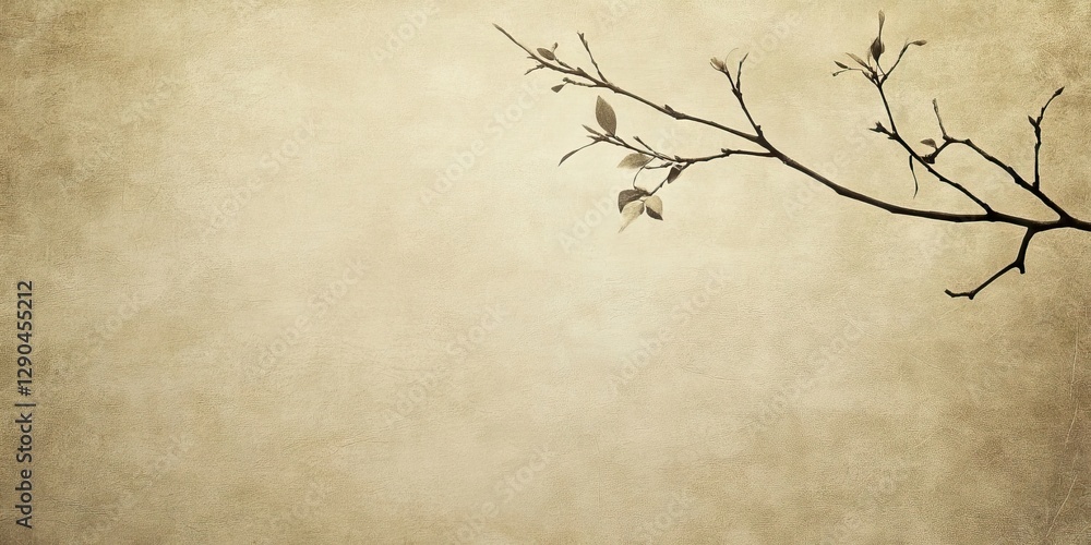 Poster delicate branch with sparse leaves on a textured beige background creating a serene and minimalist a