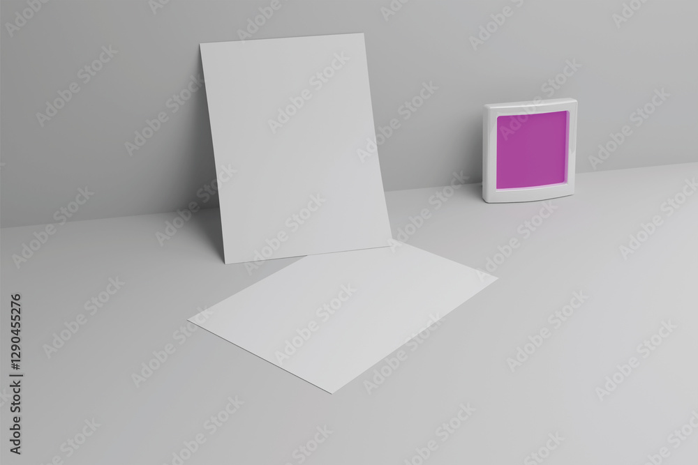 Aufkleber a4 white paper on table with photo frame background and stationery in its own place, for simple mock
