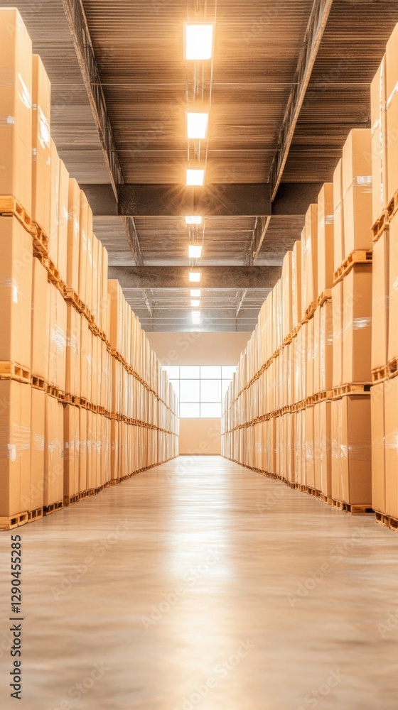 Poster industrial aesthetic in logistic hubs ceiling-high warehouse shelving with cardboard boxes - streaml