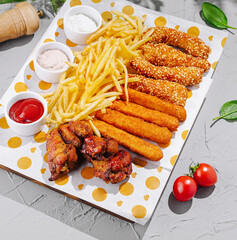 Tasty platter of fried snacks with dipping sauces and fries