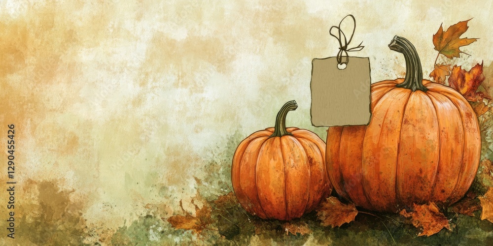 Poster autumn scene with two orange pumpkins on a rustic background surrounded by fallen leaves and a blank