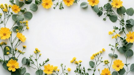 Beautiful floral arrangement of yellow flowers and eucalyptus perfect for spring-themed events, weddings, invitations, or branding with a fresh, minimalist style.