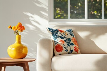 Vibrant Living Room Accents Contemporary Teal and Coral Pillows with Yellow Ceramic Vase on Wooden Table - Spring Decor Inspiration and Modern Interior Styling
