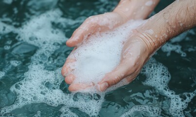 Fototapeta premium Hands Holding White Foam in Teal Water