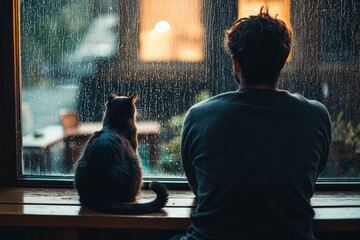 A man and his cat sit by the window, watching the rain, The cat’s tail sways as they enjoy the peaceful moment together, Generative AI
