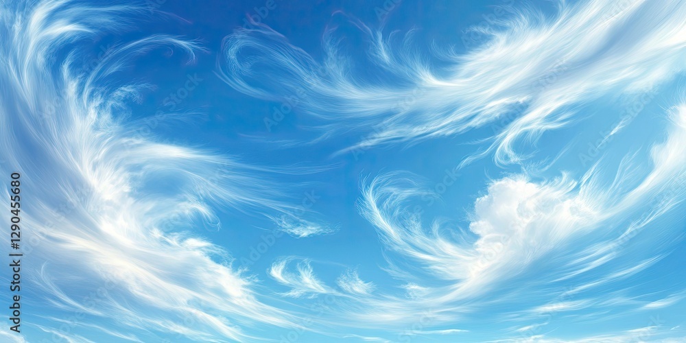 Poster vibrant blue sky with delicate wispy clouds drifting across the top third of the image creating a se