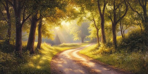 Obraz premium Serene dirt road winding through vibrant spring foliage with sunlight filtering through lush green trees creating a warm and inviting atmosphere