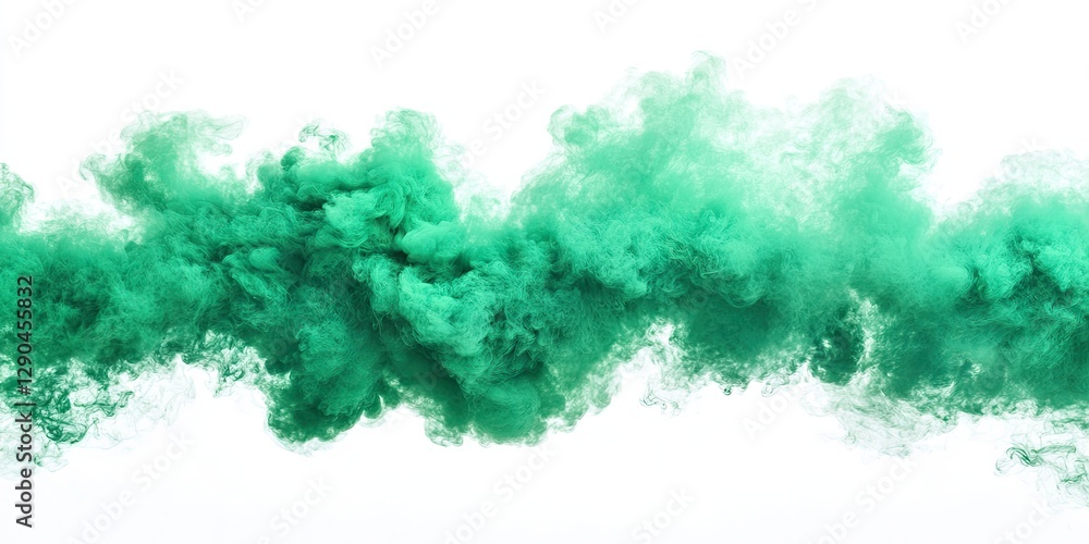 Poster green smoke or powder explosion on a white background with dynamic swirling patterns, creating an ab