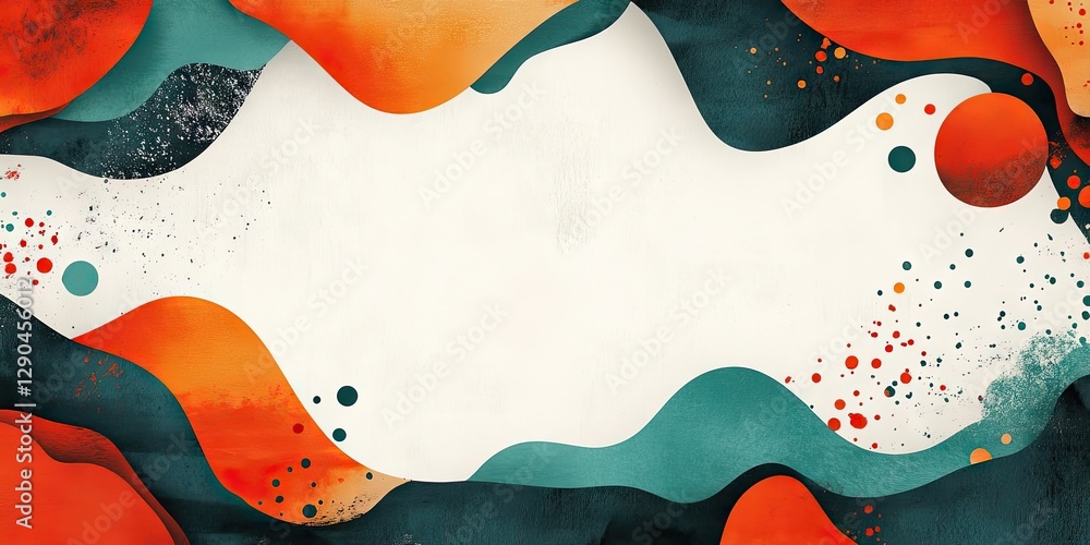 Aufkleber abstract design featuring dynamic shapes in orange, teal, and white, with textured layers and scatte