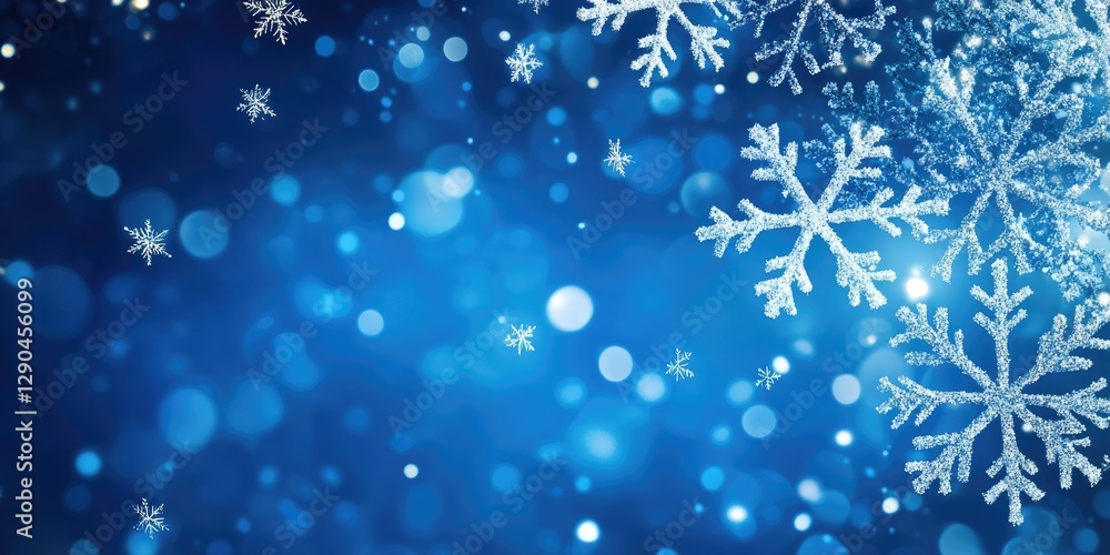 Poster blue festive background with sparkling snowflakes on the left side and a clear space available for t
