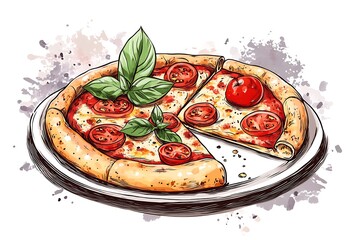 Pizza slice, illustration, plate, background splashes, food graphic