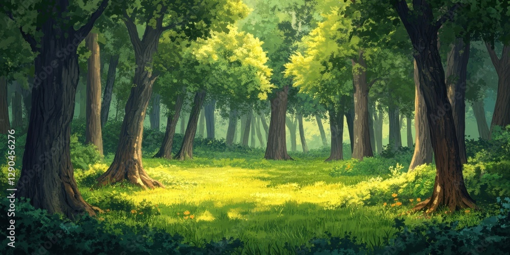 Aufkleber lush green summer forest with diverse trees and sunlight filtering through, creating a vibrant atmos