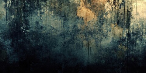 Dark grunge textured wallpaper background with deep shades of black and blue featuring a distressed pattern and subtle golden highlights throughout