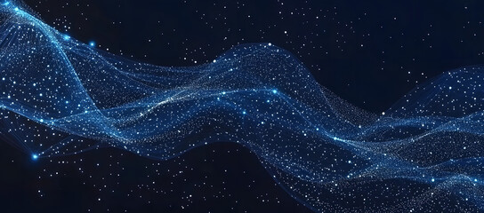 Abstract background with a blue, glowing wave of digital connections and data flow in space on a dark blue background. Big Data technology concept, AI, or a stock market exchange symbol.