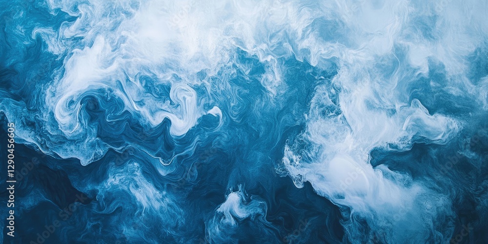 Poster abstract ocean waves in deep blue and turquoise hues with swirling white foam patterns, creating a f