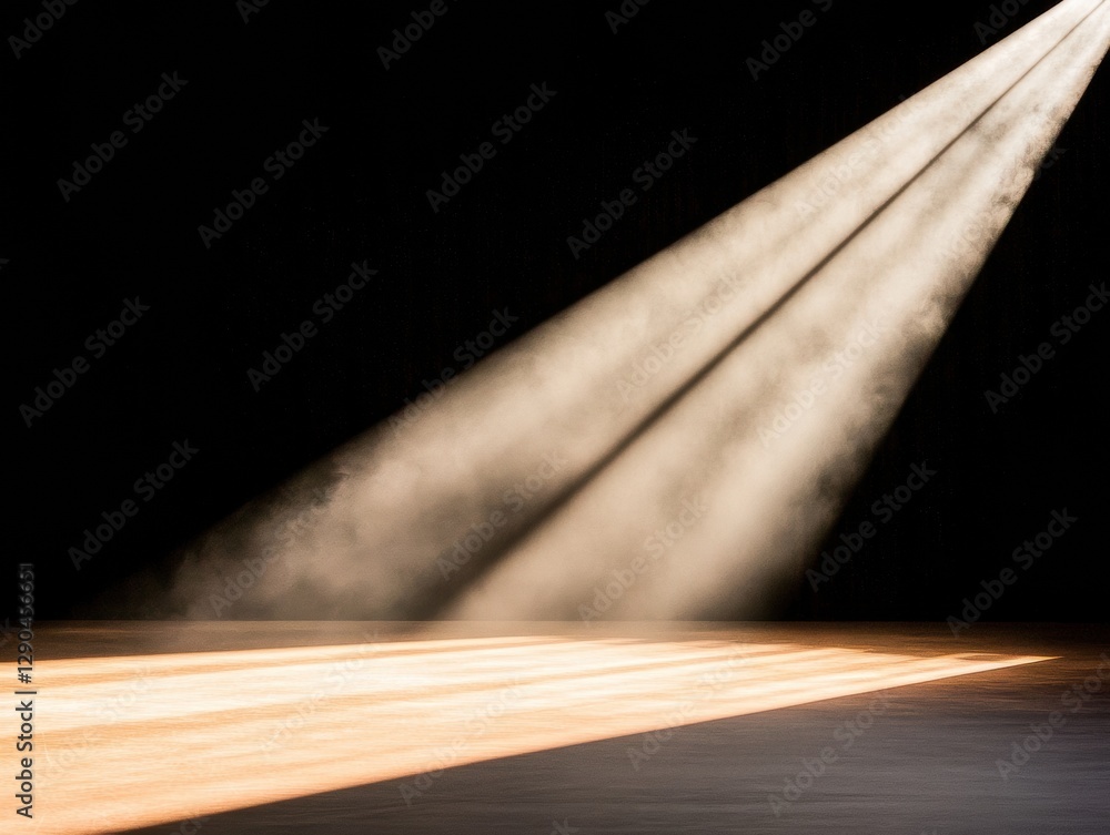 Poster Contemporary Stage Lighting Dynamic Spotlight Beams and Truss Systems with Fog Effects - Visual Dramatics for Theatrical Productions and Immersive Event Design in Modern Entertainment