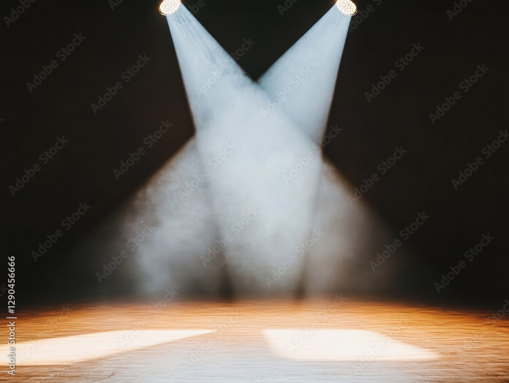 Poster modern stage lighting design intersecting spotlight beams on wooden floor with fog effects high-tech