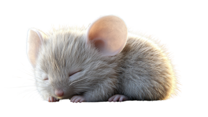 An adorable baby mouse with soft, light gray fur and oversized ears, isolated on a transparent background. The mouse is curled up in a ball, looking sleepy and content.
