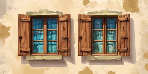 Cartoon style wooden windows with open and closed states on a textured beige wall featuring brown shutters and blue glass reflections.