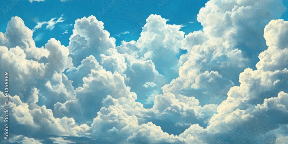 Poster vibrant blue sky filled with fluffy white clouds arranged in soft layers creating a tranquil and ser