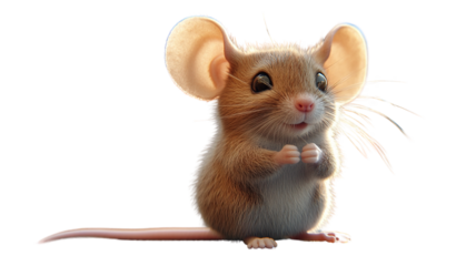A cute brown mouse with large ears and a long, curled tail, sitting on its hind legs, isolated on a transparent background. The mouse has soft fur and a curious expression