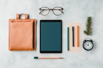 Minimalist Digital Parenting Unbranded Tablet with Screen Time Checklist and Timer on Neutral Surface - Streamlined Tech Management for Families and Educational Technology Solutions