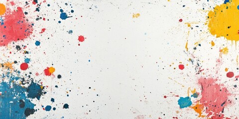 Colorful paint splatters in red blue yellow and pink scattered across a textured white backdrop perfect for creative presentations or designs