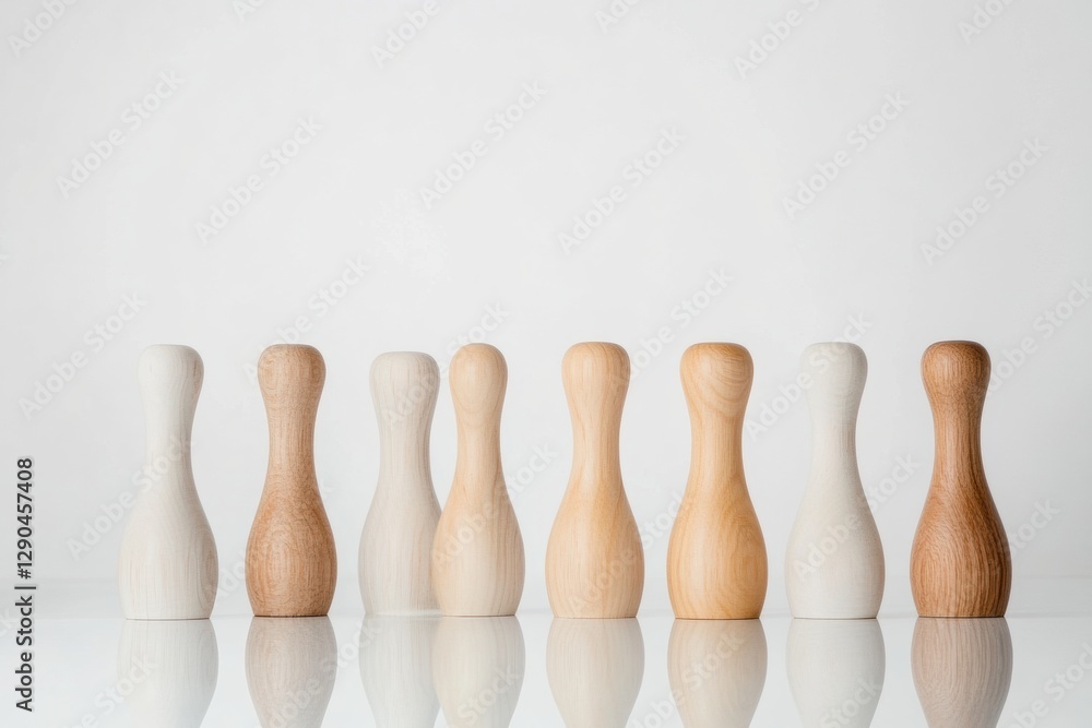 Leinwandbilder minimalist wooden figures in symmetrical alignment on reflective surface - streamlined hr imagery fo