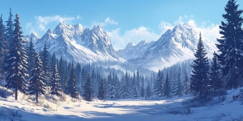 Fototapeta premium Winter landscape featuring snow-covered pine trees in the foreground with majestic mountains in the background under a clear blue sky.