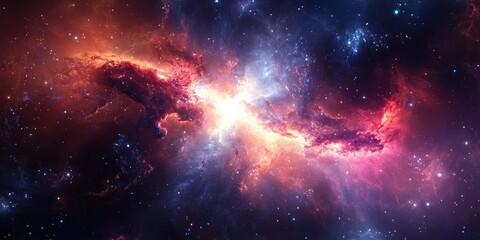 Galactic nebula with vibrant hues of orange, purple, and blue swirling in the cosmos, creating a dynamic and expansive celestial scene.